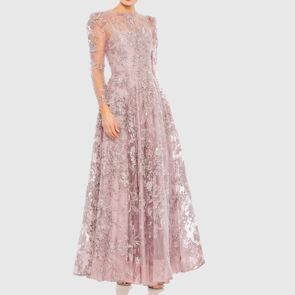 Mac Duggal Lilac Pink Embroidered Illusion High Neck A Line Dress Gown - Reemoly